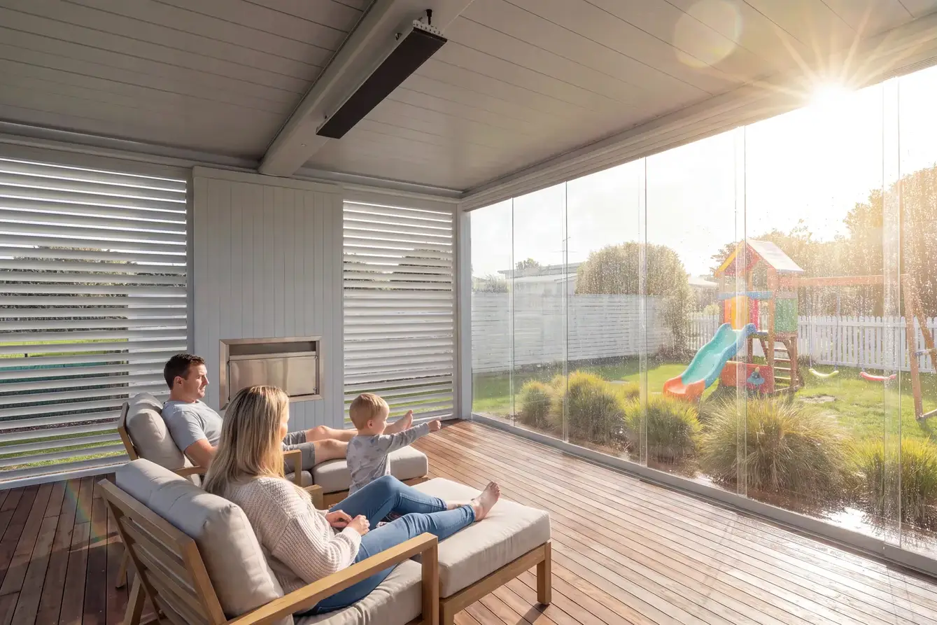 Family sheltered under an EXO louvre roof with custom screens closed against the weather