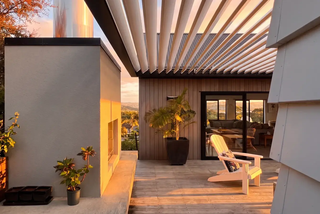EXO louvre roof on an exposed coastal site at golden hour